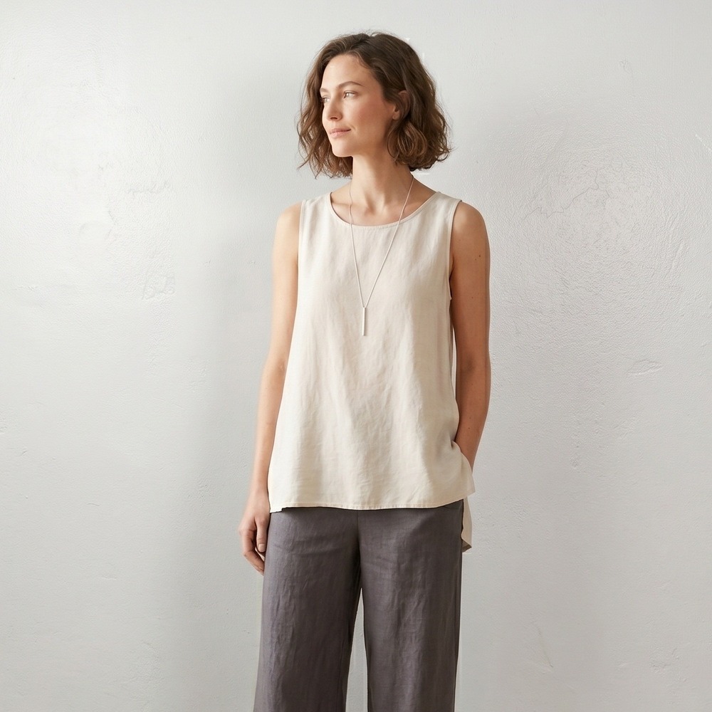 Eileen Fisher Top‎ Womens Small Cream 100% Silk Sleeveless High Low Minimalist